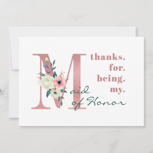 Maid of Honor Pink Floral Letter Wedding Thank You Card