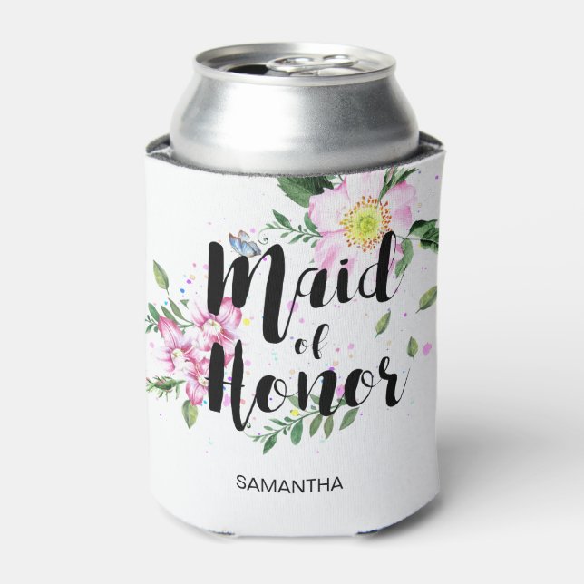 Maid of Honor Pink Floral Watercolor Wedding Can Cooler (Can Front)