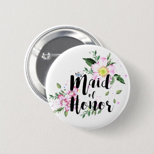Maid of Honor Pink Floral Watercolor Wedding Pinback Button | Zazzle