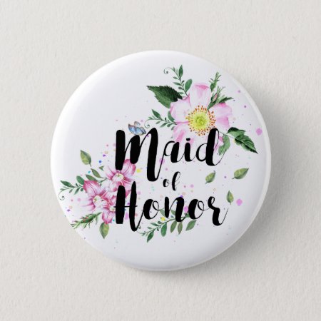 Maid Of Honor Pink Floral Watercolor Wedding Pinback Button