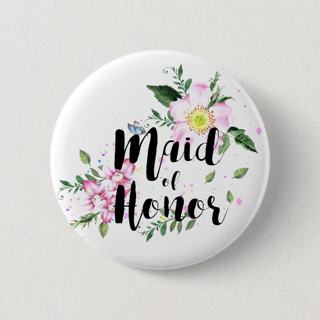 Maid of Honor Pink Floral Watercolor Wedding Pinback Button | Zazzle