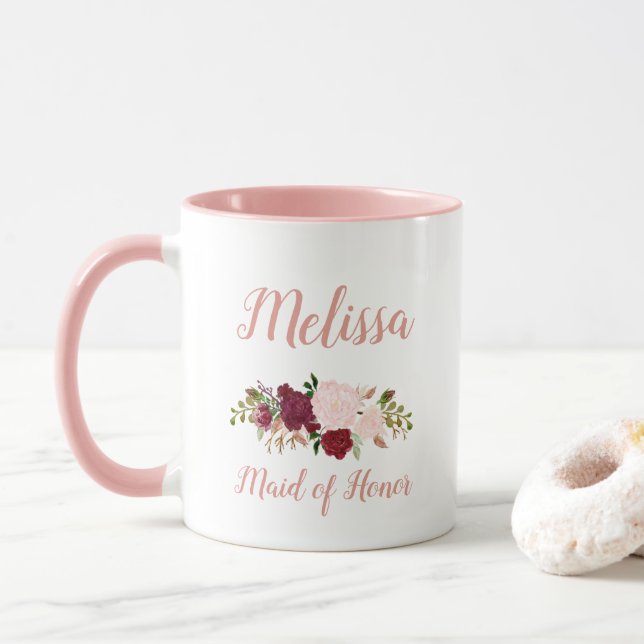 Maid of Honor Pink Marsala Floral Wedding Mug (With Donut)