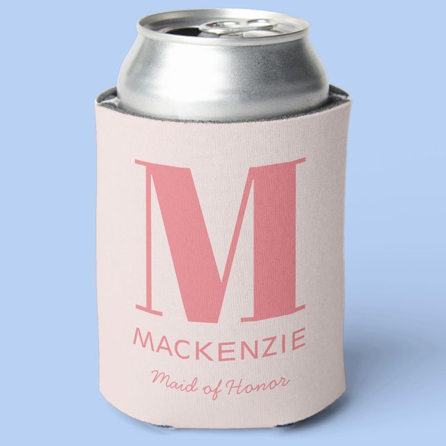 Maid of Honor Pink Monogram Name Can Cooler (Personalize Maid of Honor can cooler)