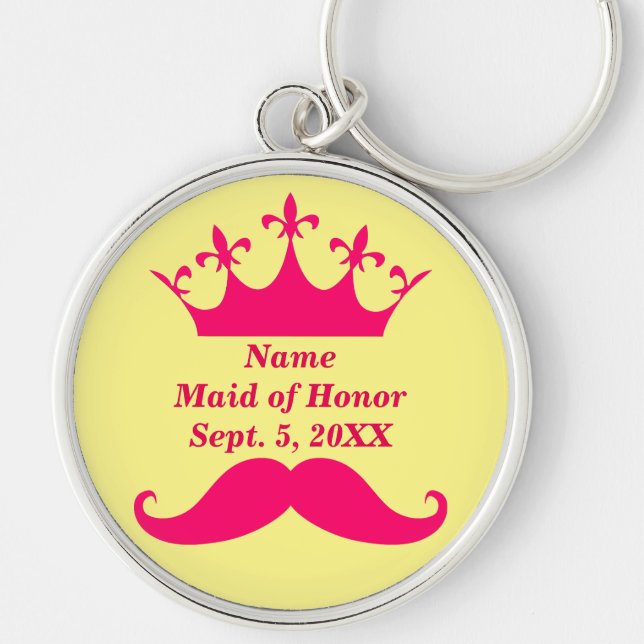 Maid of Honor Pink Mustache and Tiara Rd Keychain (Front)