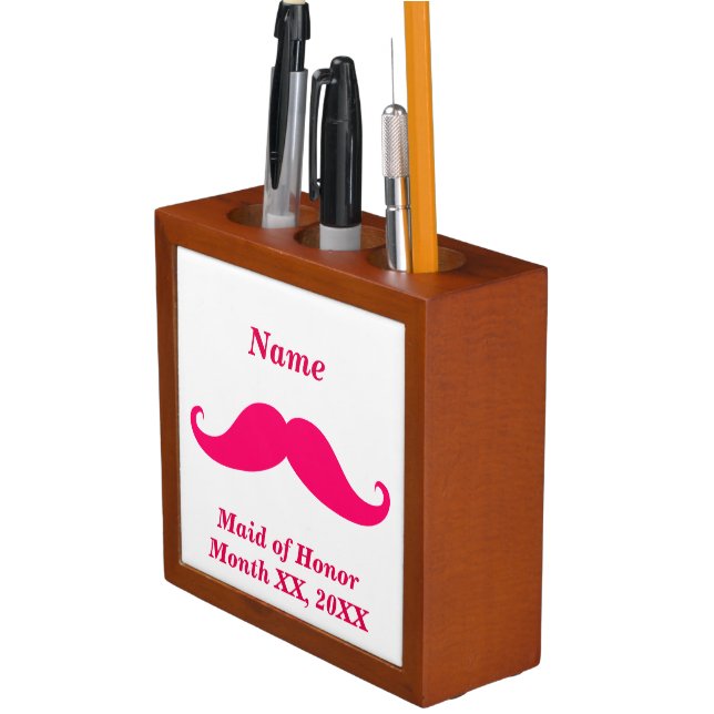 Maid of Honor Pink Mustache Desk Organizer (In Situ)