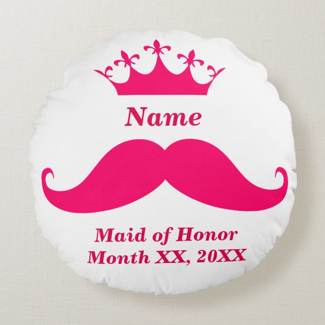 Maid of Honor Pink Mustache Round Throw Pillow (Front)