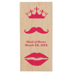Maid of Honor Pink Mustache USB Wooden Flash Drive