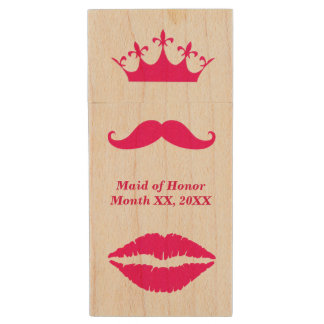 Maid of Honor Pink Mustache USB Wooden Flash Drive