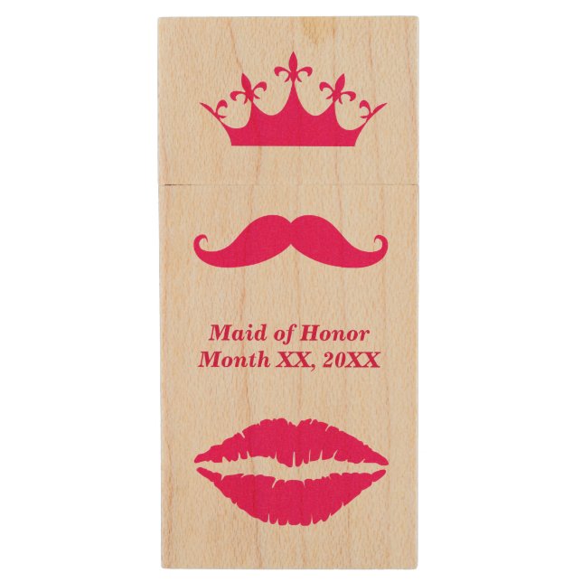 Maid of Honor Pink Mustache USB Wooden Flash Drive (Front Vertical)