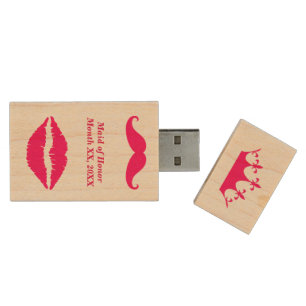 Maid of Honor Pink Mustache USB Wooden Flash Drive