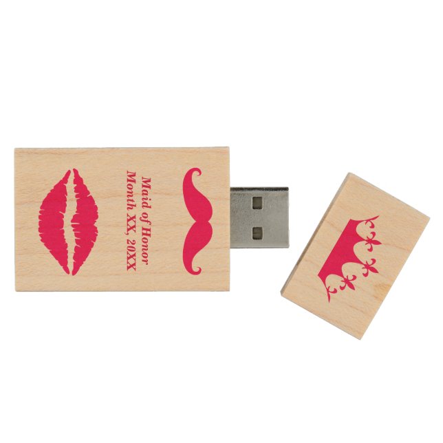 Maid of Honor Pink Mustache USB Wooden Flash Drive (Opened)