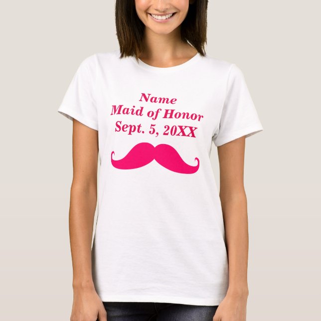 Maid of Honor Pink Mustache Womens Basic T-Shirt (Front)
