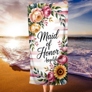 Maid of Honor Pink Stripes Floral Bridal Party Beach Towel