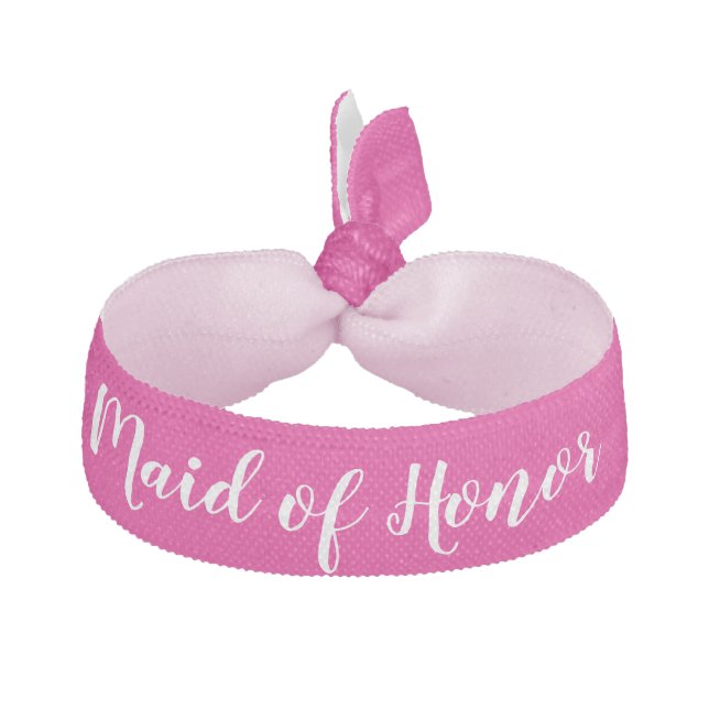Maid of Honor Pink White Wedding Party Gift Elastic Hair Tie (Front)