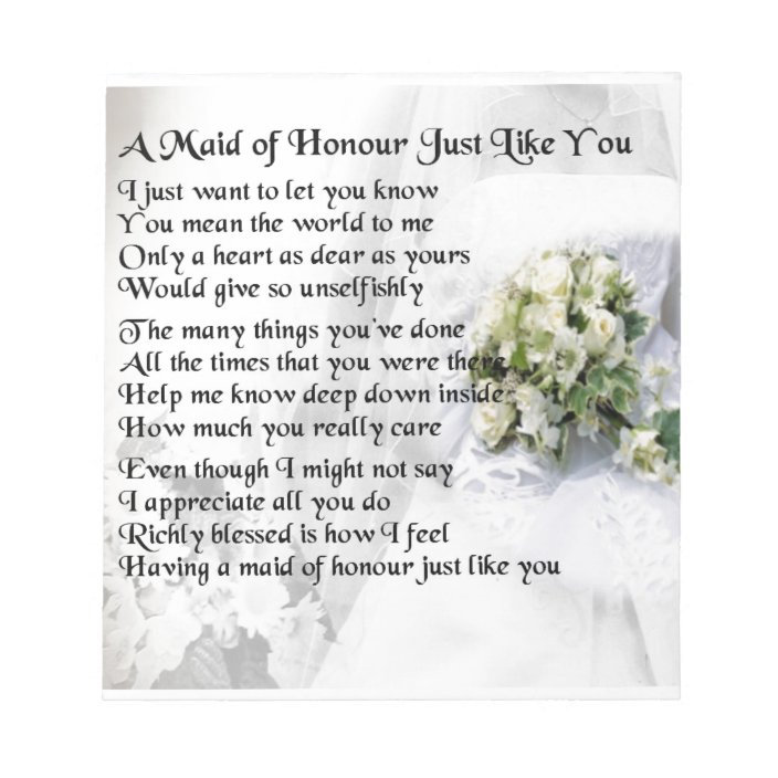 Maid Of Honor Poem - Wedding Bouquet Design Notepad 