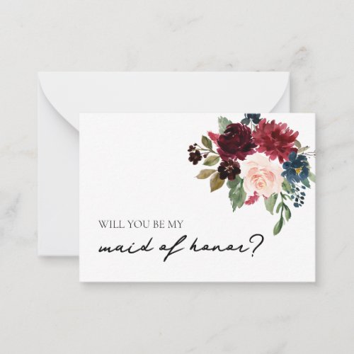 Maid of Honor Proposal Fall Burgundy Navy Floral Note Card