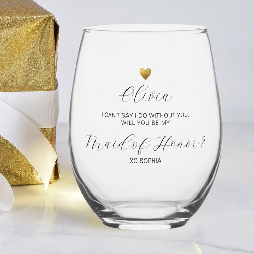 Maid of Honor Proposal Gold Heart Personalized Stemless Wine Glass