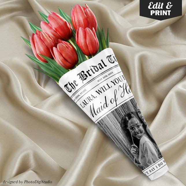 Maid of Honor Proposal Newspaper Flower Bouquet Wrapping Paper Sheets (Editable Maid of Honor Proposal Newspaper Flower Bouquet Wrapping Paper Sheets)