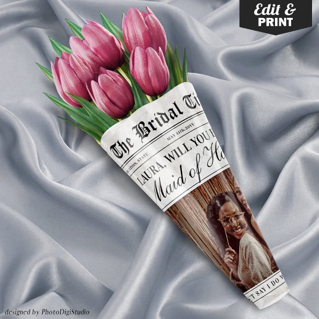 Maid of Honor Proposal Newspaper Flower Bouquet Wrapping Paper Sheets (Editable Maid of Honor Proposal Newspaper Flower Bouquet Wrapping Paper Sheets)