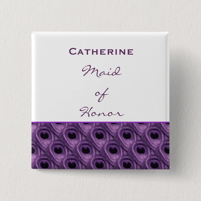 Maid of Honor Purple Peacock Custom Name Pinback Button (Front)