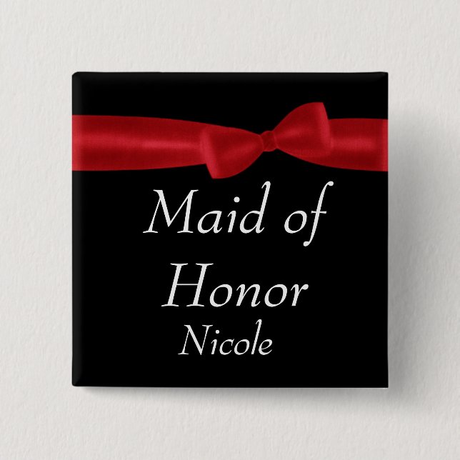 MAID OF HONOR Red Bow Wedding Custom Name Button (Front)