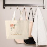 Maid of honor rose gold floral eucalyptus greenery large tote bag<br><div class="desc">A chic white background. Decorated with a rose gold, blush pink floral, flower (rose)and green watercolored eucalyptus leaves, sprigs, greenery and a faux gold sprig. Personalize and add the name of the Maid of Honor. Black and golden letters. With the text: maid of honor written with a modern hand lettered...</div>