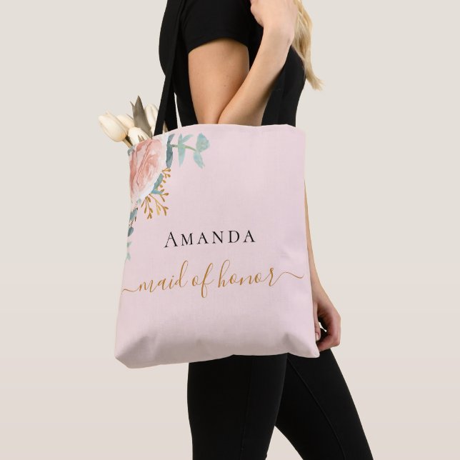 Maid of honor rose gold floral eucalyptus greenery tote bag (Close Up)