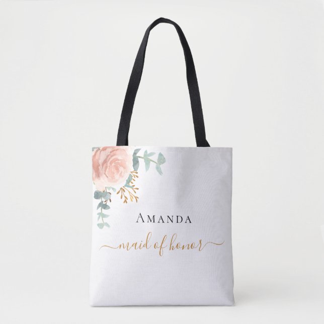 Maid of honor rose gold floral eucalyptus greenery tote bag (Front)