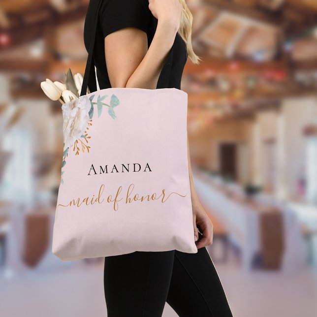 Maid of honor rose gold floral eucalyptus greenery tote bag (Creator Uploaded)