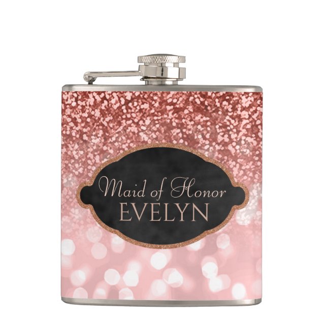 Maid of Honor Rose Gold Glitter Custom Wedding Flask (Front)
