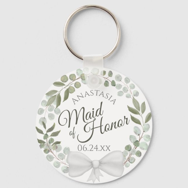 Maid of Honor Rustic Eucalyptus Wreath Wedding Keychain (Front)