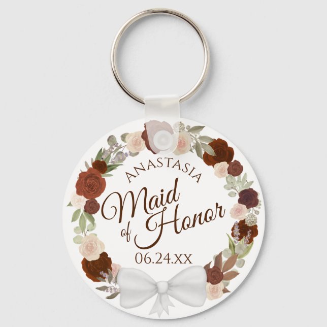 Maid of Honor Rustic Fall Floral Wreath Wedding Keychain (Front)