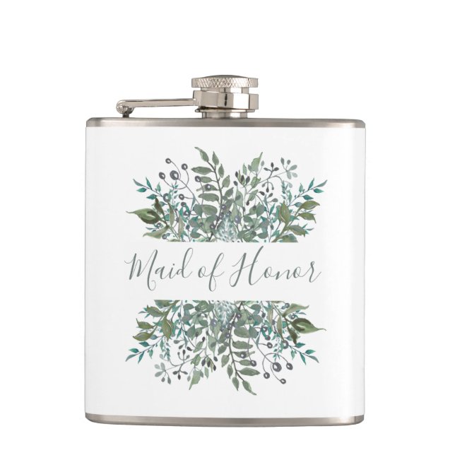 Maid of Honor Rustic Greenery Frame Flask (Front)