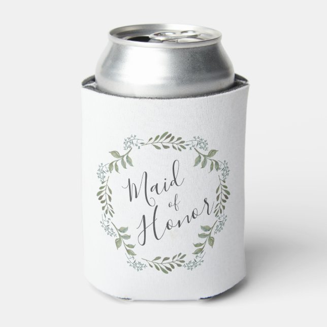 Maid of Honor Sage Greenery Wreath Wedding Can Cooler (Can Front)