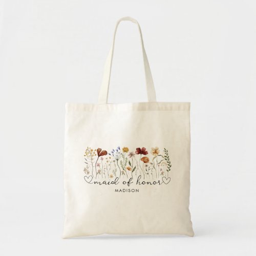 Maid of Honor Script Style Custom Floral Wedding T Tote Bag