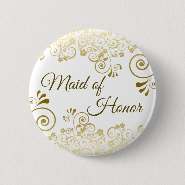 Maid of Honor Sophisticated Gold Filigree Wedding Button (Front)