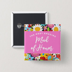 MAID OF HONOR Spring Flowers Chic Wedding Name Tag Button