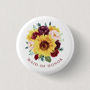 Maid of Honor Sunflower Burgundy Blush Floral Button
