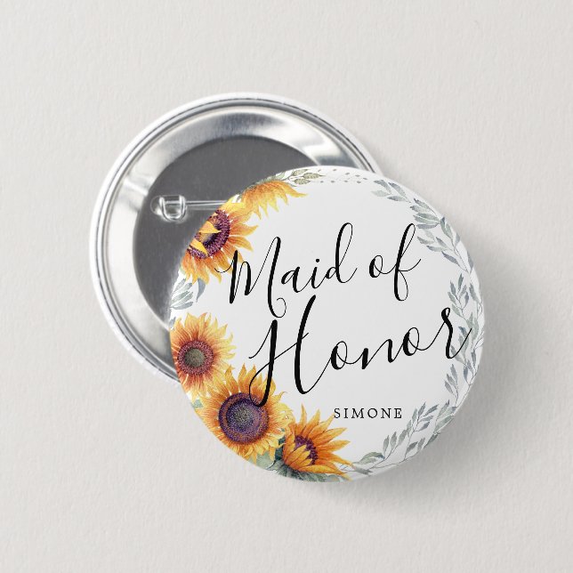 Maid of Honor Sunflower Florals Custom Wedding Button (Front & Back)