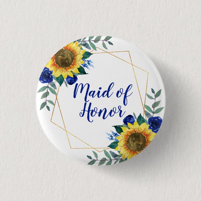Maid of Honor Sunflower Geometric Blue Floral Button (Front)