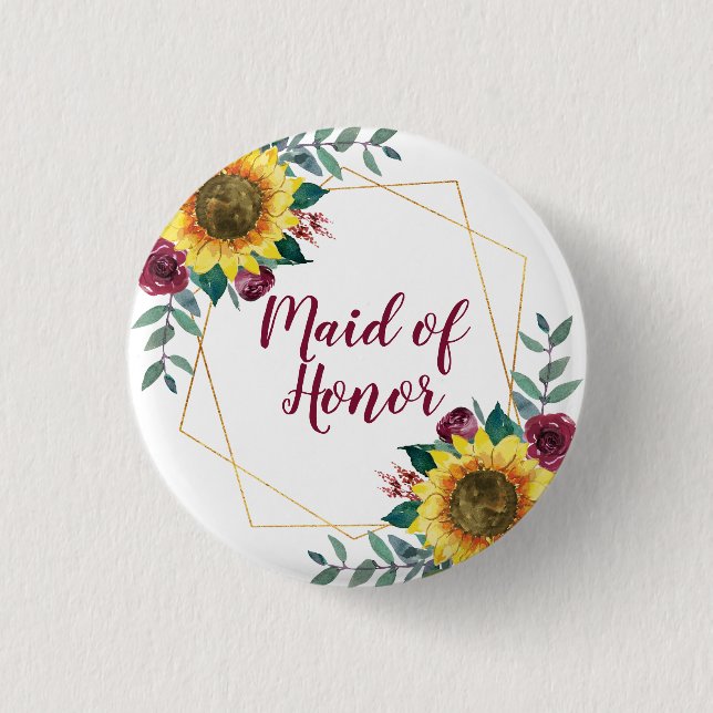 Maid of Honor Sunflower Geometric Burgundy Button (Front)