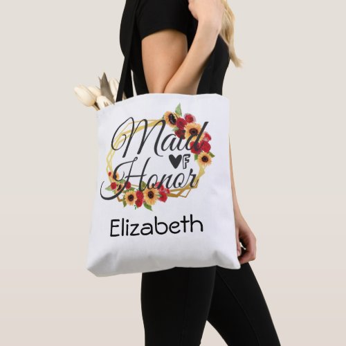 Maid of Honor Sunflowers Roses Gold Frame Bridal  Tote Bag