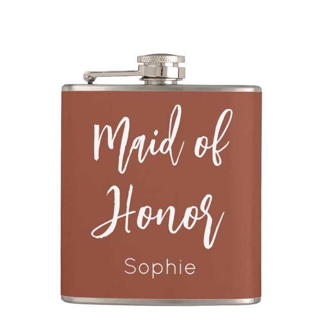 Maid of Honor Terracotta Brown Bridesmaid  Flask (Front)