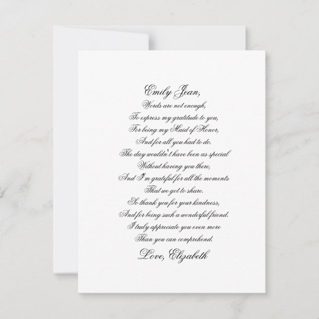 Maid of Honor Thank You Script Poem Card (Front)
