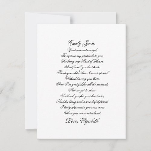 Maid of Honor Thank You Script Poem Card