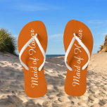 Maid of Honor Trendy Burnt Orange Color Flip Flops<br><div class="desc">Gift your wedding bridesmaids with these stylish Maid of Honor flip flops that are a trendy,  burnt orange color along with white,  stylized script to complement your similar wedding color scheme. Select foot size along with other options. You may customize your flip flops to change color to your desire.</div>
