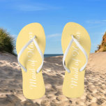 Maid of Honor Trendy Buttercup Yellow Color Flip Flops<br><div class="desc">Gift your wedding bridesmaids with these stylish Maid of Honor flip flops that are a trendy,  buttercup yellow color along with white,  stylized script to complement your similar wedding color scheme. Select foot size along with other options. You may customize your flip flops to change color to your desire.</div>
