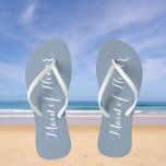 Maid of Honor Trendy Dusty Blue Color Flip Flops<br><div class="desc">Gift your wedding bridesmaids with these stylish Maid of Honor flip flops that are a trendy,  dusty blue color along with white,  stylized script to complement your similar wedding color scheme. Select foot size along with other options. You may customize your flip flops to change color to your desire.</div>