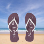 Maid of Honor Trendy Eggplant Color Flip Flops<br><div class="desc">Gift your wedding bridesmaids with these stylish Maid of Honor flip flops that are a trendy eggplant color along with white,  stylized script to complement your similar wedding color scheme. Select foot size along with other options. You may customize your flip flops to change color to your desire.</div>