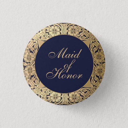 Maid of Honor  Vintage Navy Blue Gold Roses Button